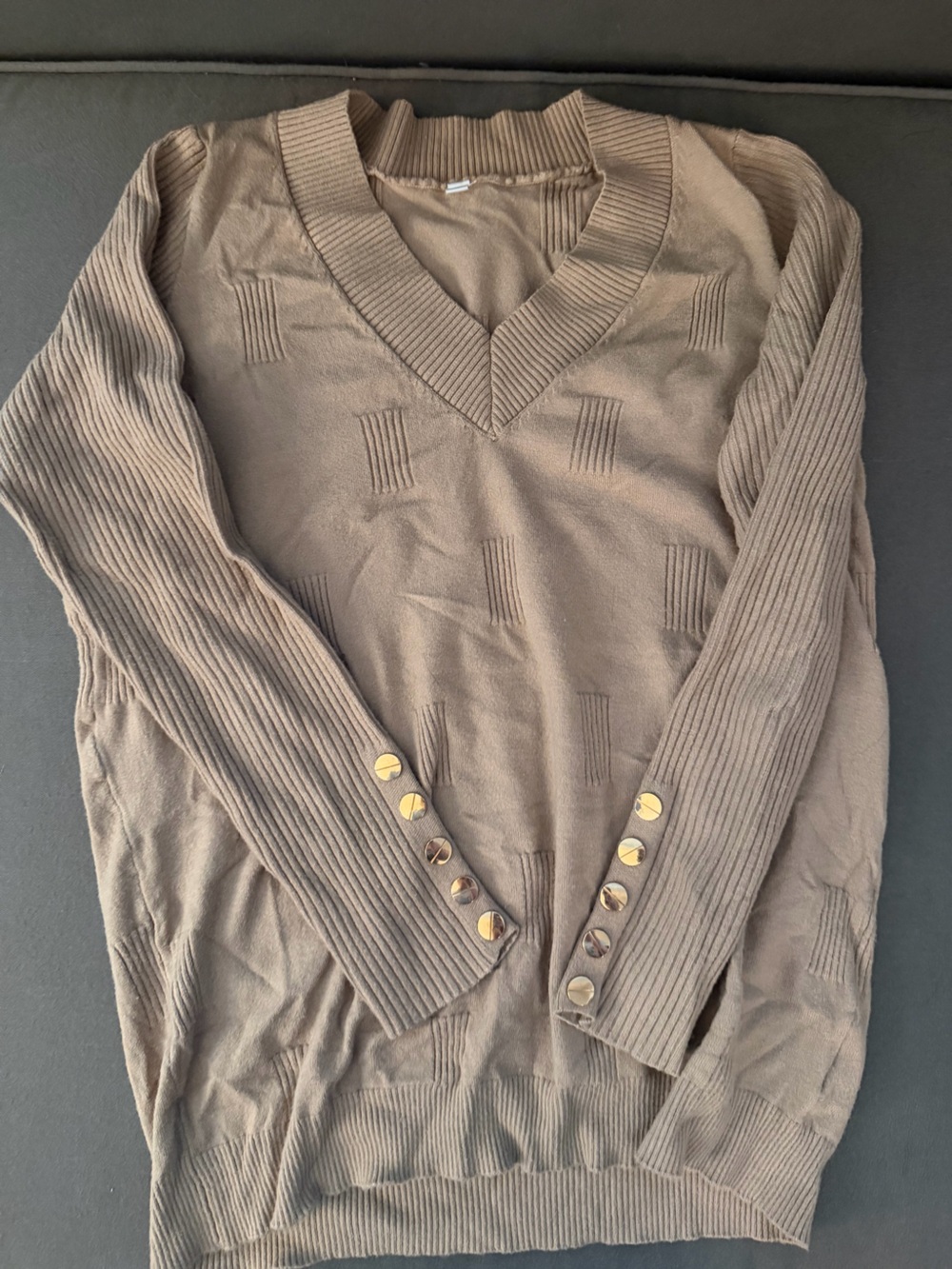 Ribbed Sleeve V-Neck Sweater with Gold Buttons - Taupe